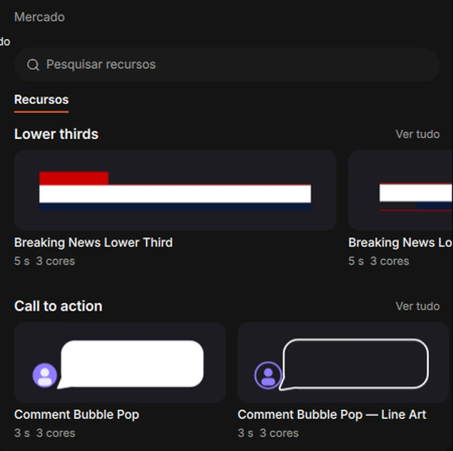 Mercado de recursos com lower thirds e chamadas