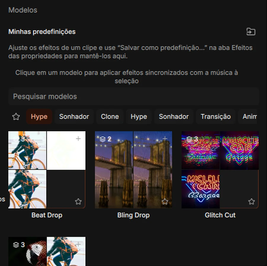Modelos de edição sincronizados com a música