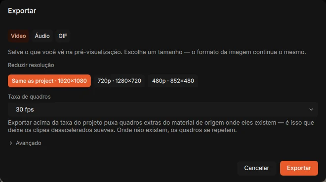 Janela de exportar vídeo, áudio ou GIF