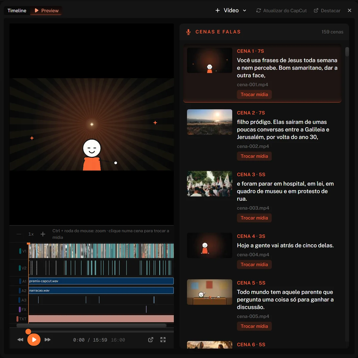 Prévia do vídeo com a lista de cenas e falas